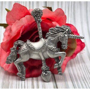 Vintage SPOON Pewter Brooch Pin Adorable Unicorn Carousel Horse 2.5"